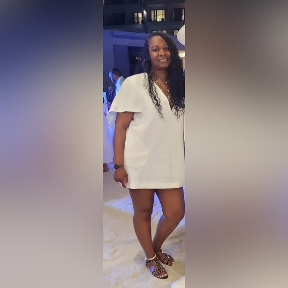 White Mini Dress with Dolman Sleeves and Plunge Neckline - Picture 7 of 7